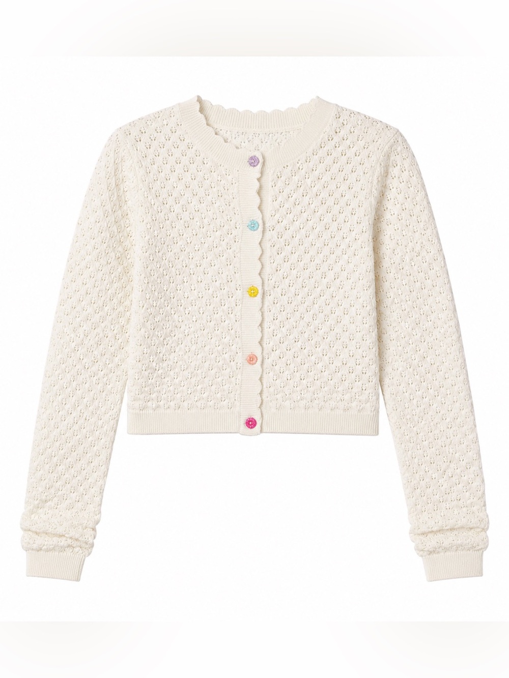 Alice + Olivia Crew Neck Cropped Pointelle Cardigan with Scalloped Edge